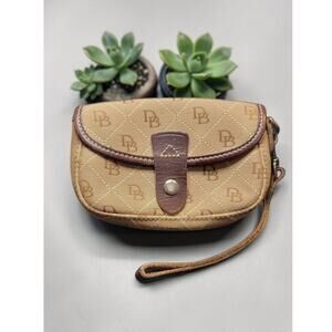 Dooney & Bourke Monogram Wristlet DB Canvas Leather Trim Beige Brown